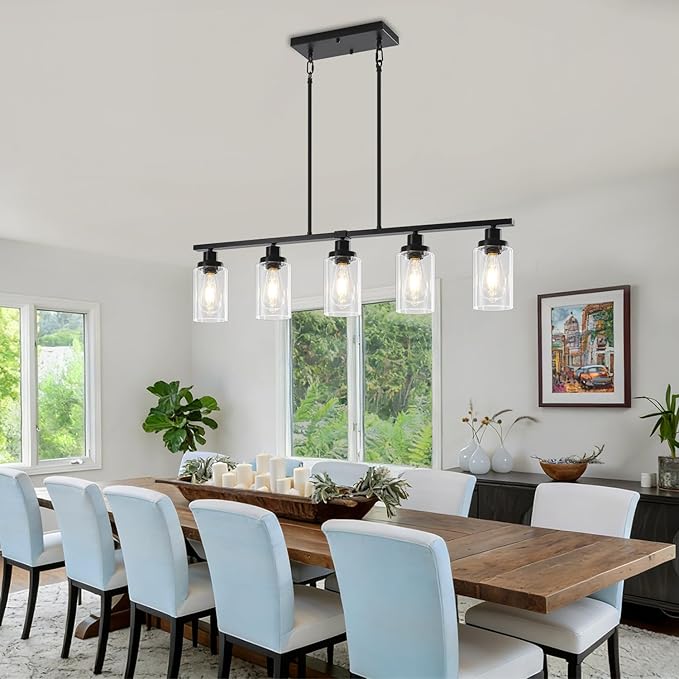Modern Island Lights for Kitchen, Black Dining Room Light Fixtures Over Table 5-Light Farmhouse Linear Chandelier Adjustable Hanging Kitchen Lights Ceiling Clear Glass Pendant Lighting Over Island