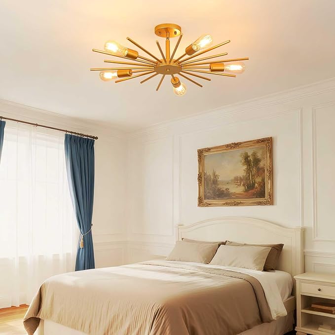 Gold Semi Flush Mount Ceiling Light, 27.5 Inch 5-Light Large Sputnik Flush Mount Light Fixtures, Modern Mid Century Sloped Ceiling Lighting for Kitche n, Entryway, Bedroom, Living Room