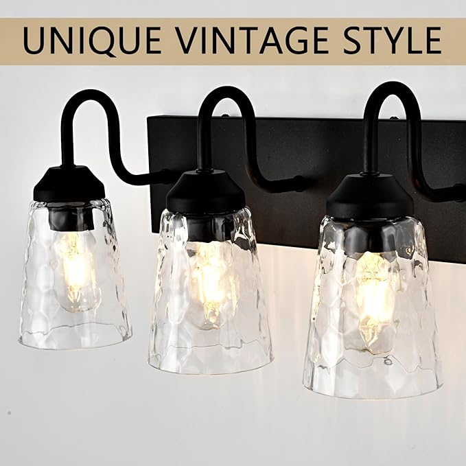 3-Light Bathroom Light Fixtures, Coastal Vanity Lights with Crystal Glass Shade, Black Bathroom Wall Lamp for Mirror Kitchen Hallway Bedroom
