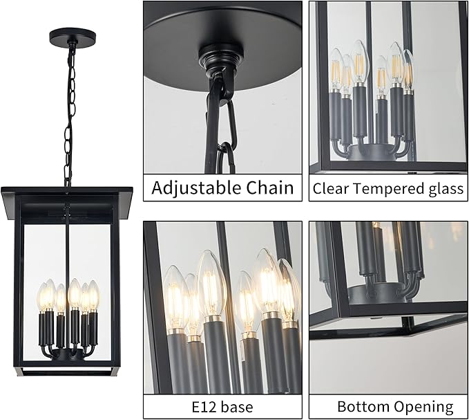 Outdoor Chandelier Modern Pendant Light,6 Light Black Exterior Ceiling Hanging Lanterns with Clear Glass, Farmhouse Outdoor Chandelier for Front Door Entry Patio, (Bulb Not Included)