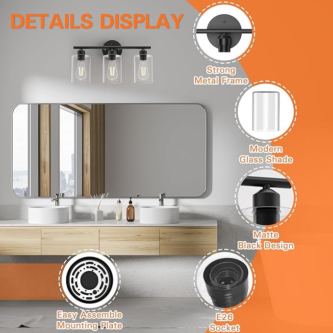 Espird Bathroom Vanity Light Fixtures Matte Black Bathroom Lighting Fixture, 3 Lights Bathroom Light Fixture Over Mirror, Modern Black Vanity Light, UL Certified Wall Sconces with Glass Shades