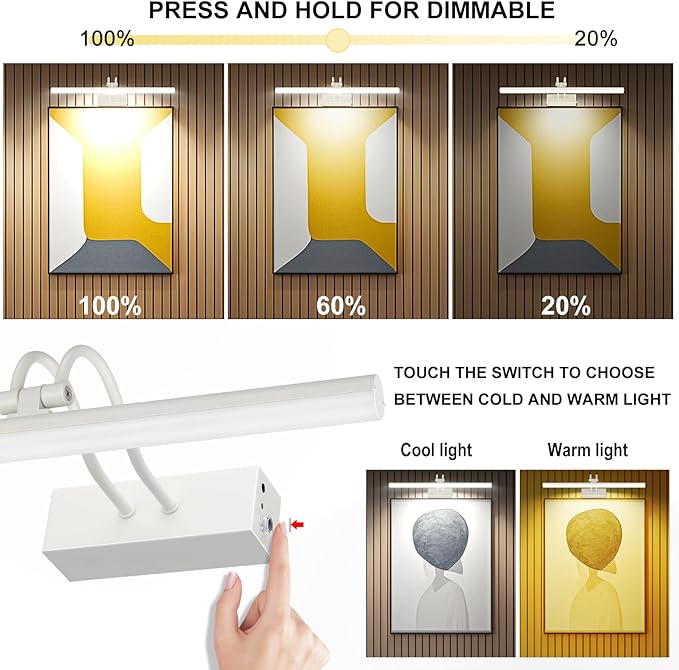 RAIFOOLLY Picture Light, Picture Lights for Wall Cordless, 16inch Picture Lights with Timer and Dimmable, Battery Wall Lights for Display Gallery Painting Art Frame Portrait - White Metal