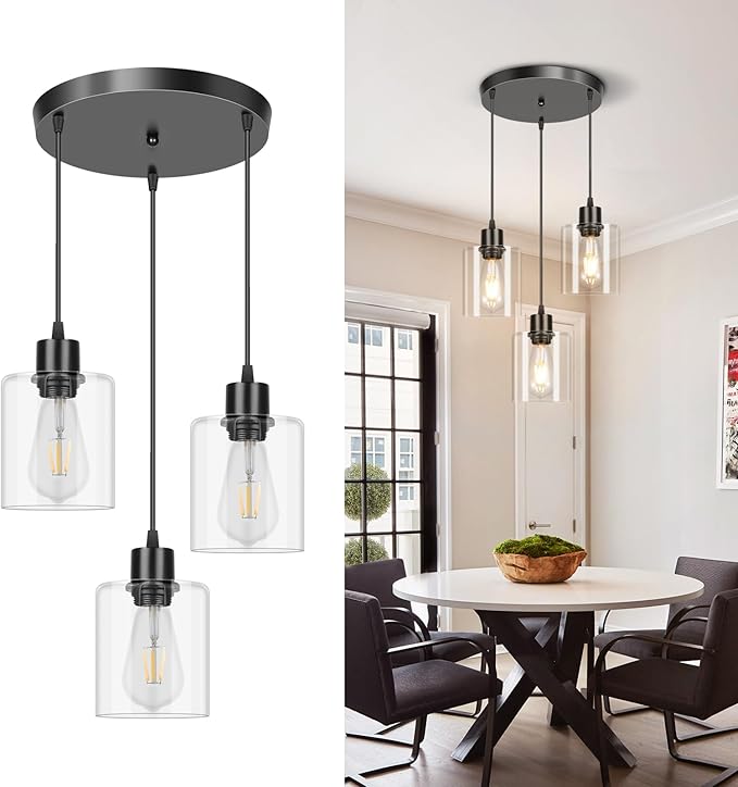 CANMEIJIA 3-Light Pendant Light Fixtures Black Glass Pendant Lights Kitchen Island, Industrial Hanging Pendant Lighting for Dining Room Bedroom, Modern Ceiling Lamp E26 Base, Bulbs Not Included