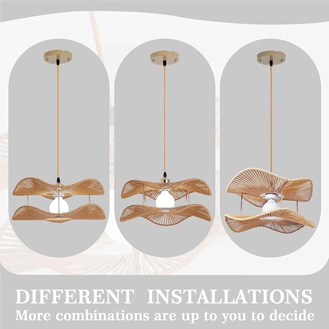 Farmhouse Rattan Pendant Lights 2-Tier Coastal Kitchen Light Over Island 15.8in Boho Rattan Hanging Lighting Wicker Woven Chandelier for Dining Room Bedroom Entryway Restaurant Foyer