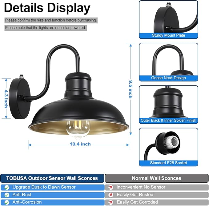 TOBUSA 2-Pack Dusk to Dawn Outdoor Wall Lights, 10’’ Waterproof Farmhouse Gooseneck Outdoor Barn Light, Anti-Rust Vintage Black&Gold Outside Wall Sconce Lights for House Porch Garage