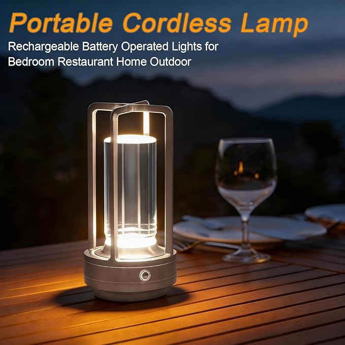 Rechargeable Table Lamp Cordless, 3 Color | Crystal | Stepless Dimming, for Bedroom, Cafe, Camping, Dining Table, Home Decor, 2 Pack (Silver)