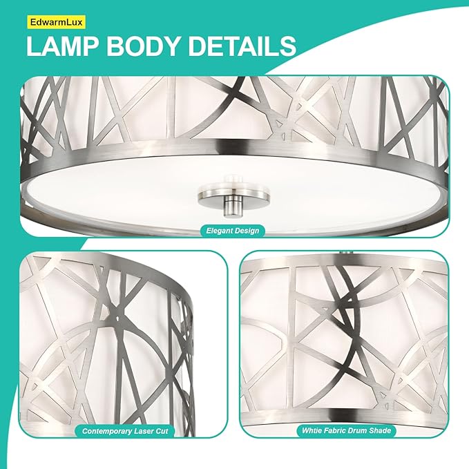3-Light Semi Flush Mount Ceiling Light, 12.6" Drum Light with White Fabric Shade, Modern Close to Ceiling Lamp for Living Room Bedroom Dining Kitchen Hallway Entry Foyer (Brushed Nickel)