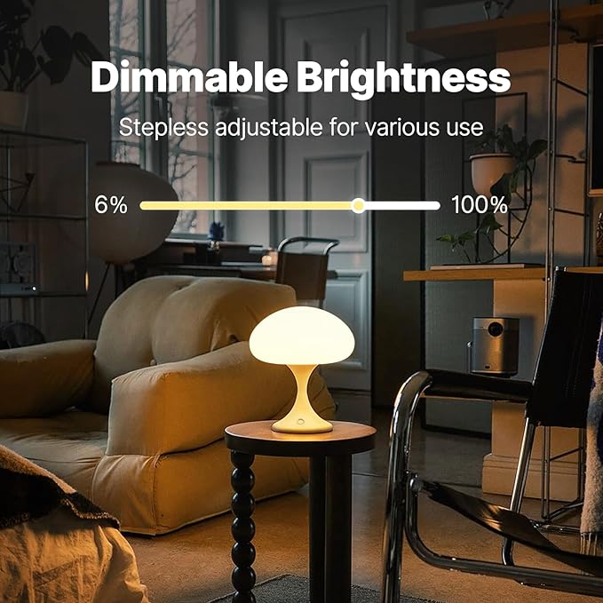 MAGCHARM Mushroom Lamp, 5W LED Cordless Rechargeable Table Lamp with Glass Shade, Small Retro Dimmable Touch Light with 3 Color Temps, Aesthetic Mid Century Bedside Light for Bedroom Ambient, White