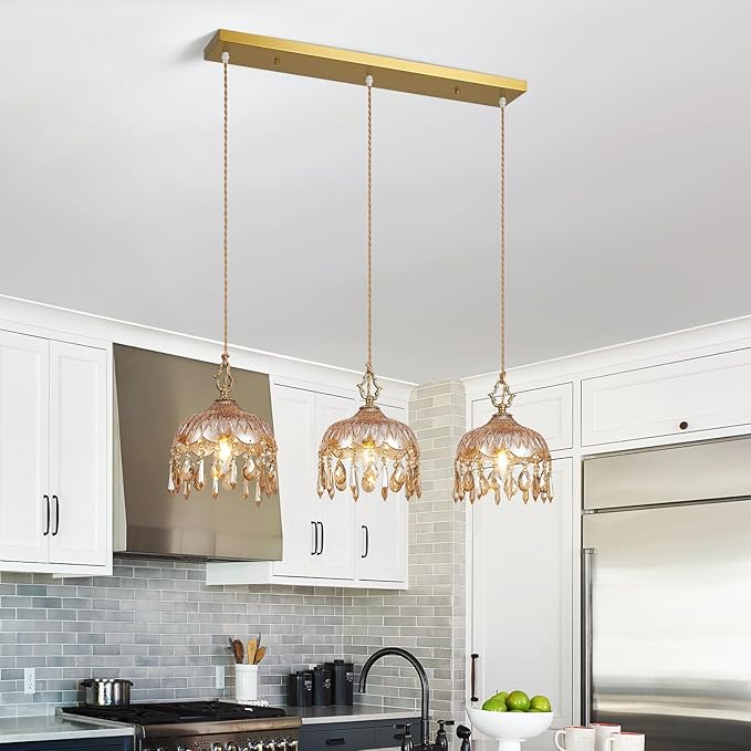 3-Light Glass Pendant Light Crystal Hanging Light Fixtures,Brass Vintage Amber Glass Pendant Lights for Kitchen Island Dining Room Living Room Bedroom Hallway(Amber,Long Chassis)