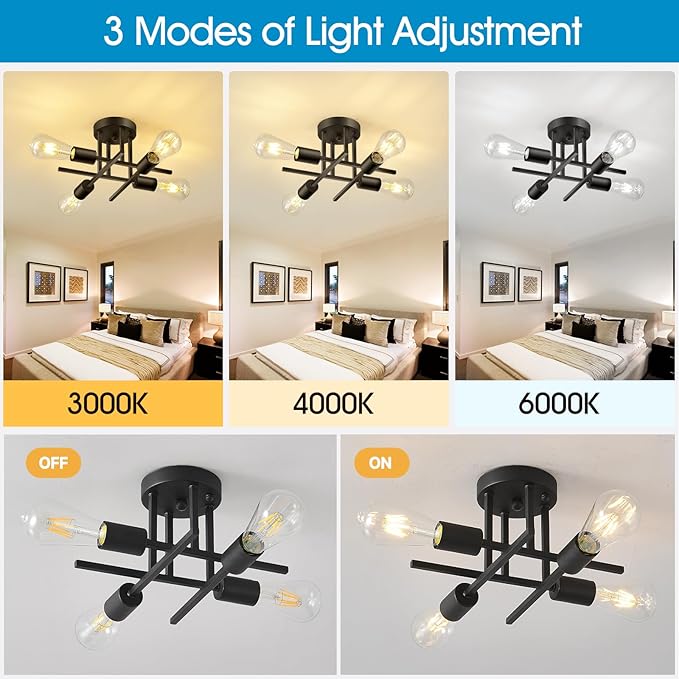 EGM 4-Light Modern Sputnik Ceiling Light Fixture, Matte Black Semi Flush Mount Ceiling Light Fixture with E26 Base, Close to Ceiling Lights for Living Room Farmhouse Kitchen Dining Room (1 Pack)