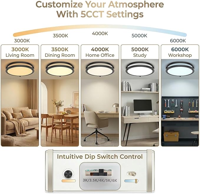 OOWOLF 2-Pack 36W 13inch LED Flush Mount Ceiling Light Fixture Dimmable Matte Black, Easy Install LED Ceiling Lamp Fixture Without Flicker, Super Bright 3600LM 5CCT Warm to White Light 3000K to 6000K
