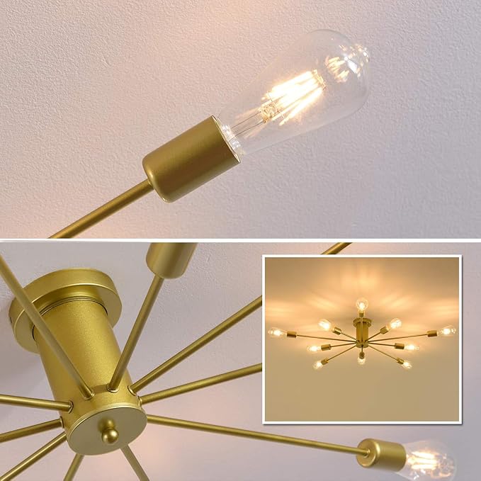 Garwarm 10 Lights Modern Sputnik Chandelier Gold Industrial Ceiling Lamp Mid Century Semi Flush Mount Ceiling Light Fixture for Kitchen Dining Room Living Room Bedroom Foyer Lighting