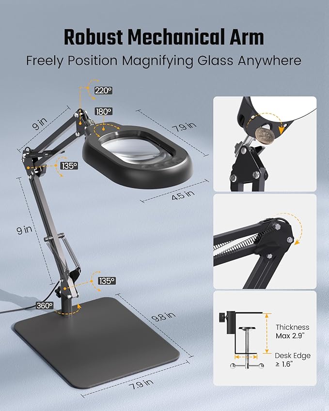 10X Magnifying Desk Lamp with Real Glass Lens Stepless Dimmable, 5 Color Modes, Hands-Free Clamp & Base, Adjustable Swing Arm for Reading, Crafting & Close Work – Black
