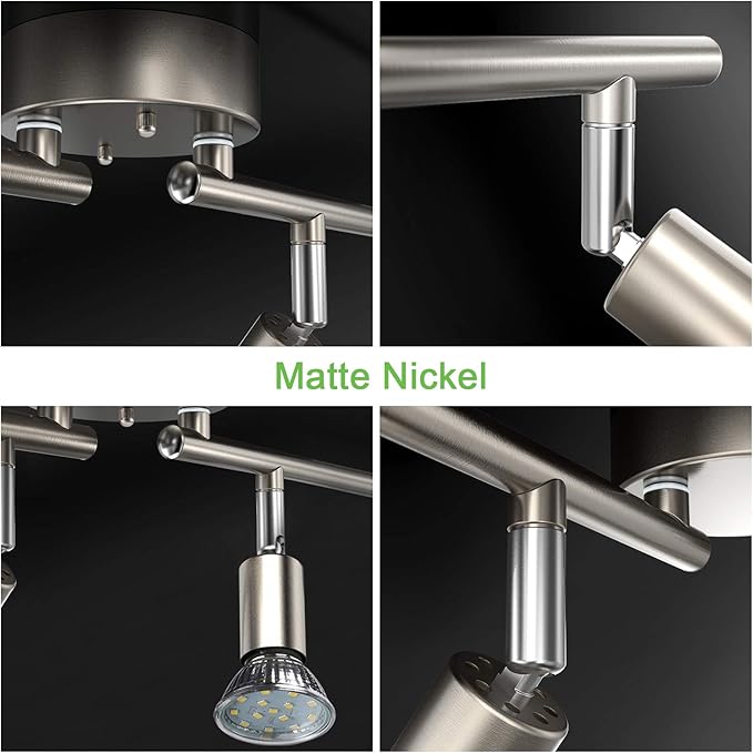 Unicozin LED 4 Light Track Lighting Kit, 24.8'' Matt Nickel 4 Way Ceiling Spot Lighting, Flexibly Rotatable Head, Modern Track Light Included 4 x LED GU10 Bulb (4W, Daylight White 5000K, 400LM)