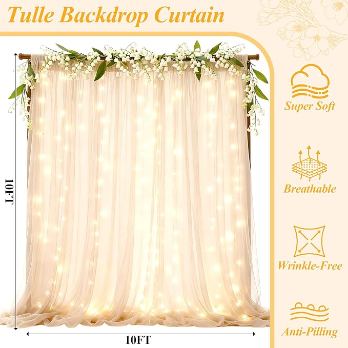 Ledido 2 Pack 10×10ft Beige Tulle Backdrop Curtains with Lights String - 600LED Fairy Lights Sheer Curtain Backdrop for Wedding Baby Shower Photo Shoot Birthday Party Decoration(4 Panels 5×10ft)，Beige