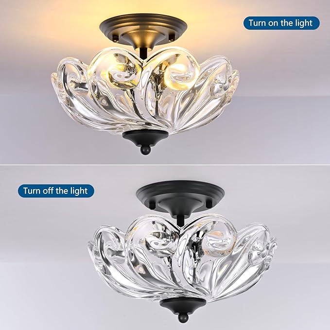 HuixuTe Modern Semi Flush Mount Ceiling Light, 3-Light Black Close to Ceiling Light Fixture with Clear Glass Shade for Living Room Entryway Bedroom