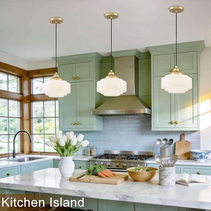 Milk Glass Pendant Light 9.84" Vintage Schoolhouse Chandelier Gold Mid Century Modern Pendant Lighting Fixture for Kitchen Island Dining Room Living Room Hallway, Adjustable Height (E26)