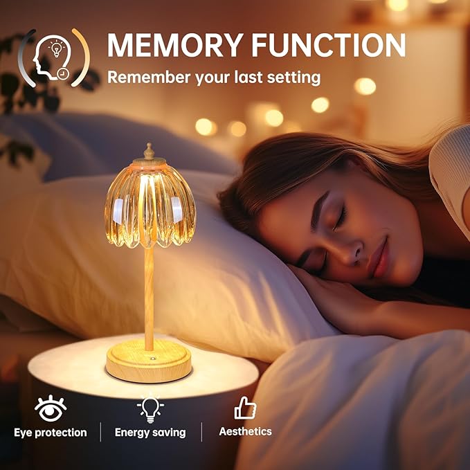 Shenmoyl Tulip Table Lamp with 5200mAh Battery & Touch Control, Small Cordless Table Lamp with 3 Colors, Rechargeable Battery Operated Table Lamps for Bedroom, Desk, Bedside (Amber-Beech Color)