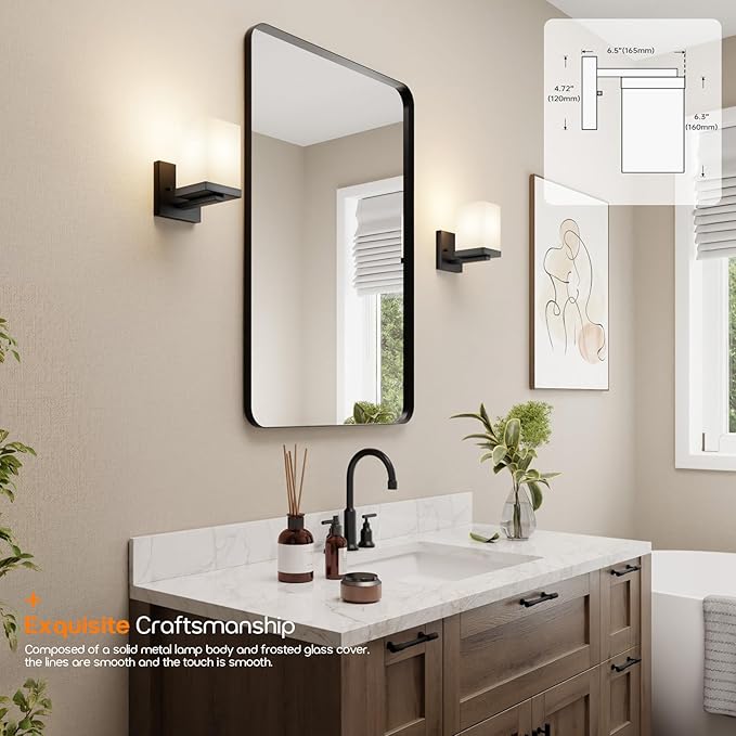 Wall Lights Matte Black Bathroom Vanity Lighting Fixtures Over Mirror with White Frosted Glass Shade, Wall Lamps for Porch Entrance, 2 Pack T003MB-L1-P2