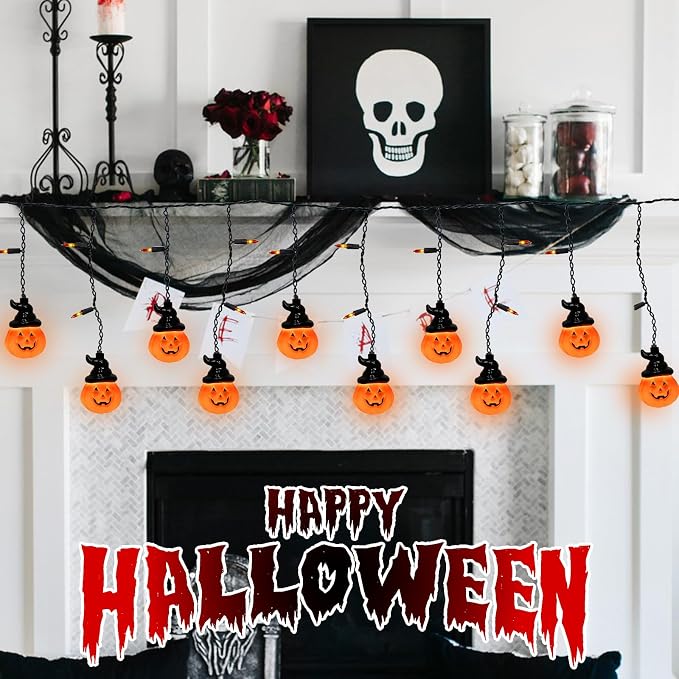 Halloween Curtain Pumpkin Hat Lights, 7Ft Hanging Halloween Decorative String Light with 10 Witch Hat Pumpkin Lights and 15 Mini Orange Bulbs UL Listed for Indoor Outdoor Party Porch Window Decor