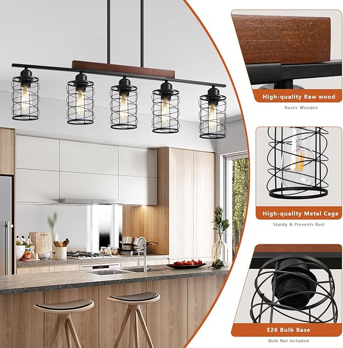 Kitchen Island Lighting, 5-Light Dining Room Light Fixture Over Table, Black Metal & Wood Linear Chandeliers with Cage Shade, Farmhouse Rustic Hanging Ceiling Pendant Light Fixtures for Kitchen