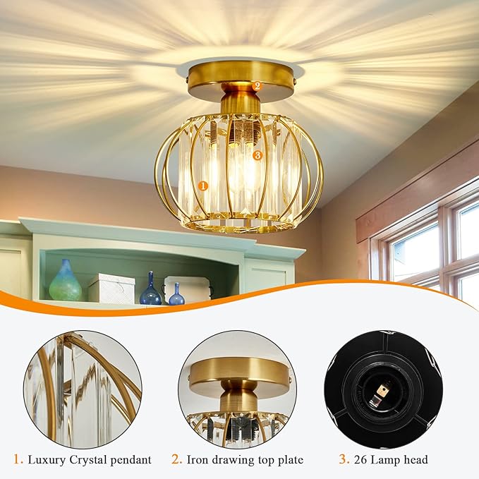 YYJLX Crystal Semi Flush Mount Ceiling Light Fixture E26 Mini Antique Gold Chandelier Small Ceiling Lamp for Entryway Bedroom Bathroom Hallway Closet Foyer