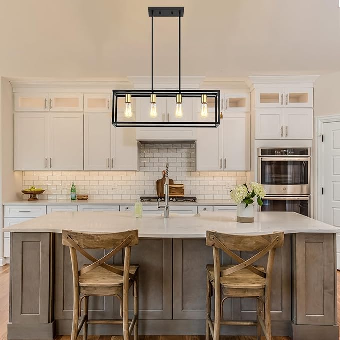 Yusist 4-Light Dining Room Light Fixture,Black Farmhouse Kitchen Island Lighting,Rustic Pendant Light Over Table with Adjustable Rods,Modern Linear Chandeliers for Dining Room Kitchen Island