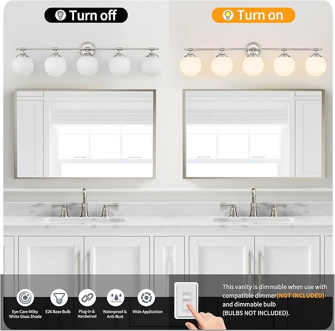 Rayogale Sand Nickel Bathroom Light Fixtures, ETL 5 Lights Vanity Lights Over Mirror with Milk Glass Soft Lighting 41 Inch Bathroom Sconces(Exclude E26 Bulb)