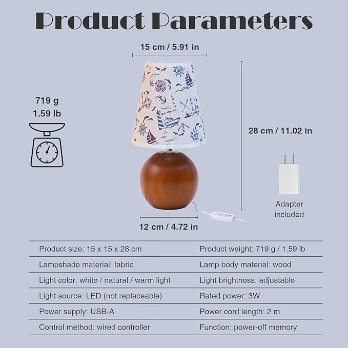 Vintage Wooden Base Fabric Table Lamp, Adjustable Light Color and Brightness with Power-Off Memory, Safe USB Powered, Retro Style LED Light for Bedroom Living Room Office (Voyage)