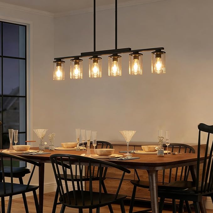 40.15'' Large Dining Room Chandelier Over Table, 6-Light Farmhouse Dining Room Light Fixture Kitchen Island Lighting, Wood Island Lights Black Farmhouse Chandeliers for Dining Room with Glass Shades