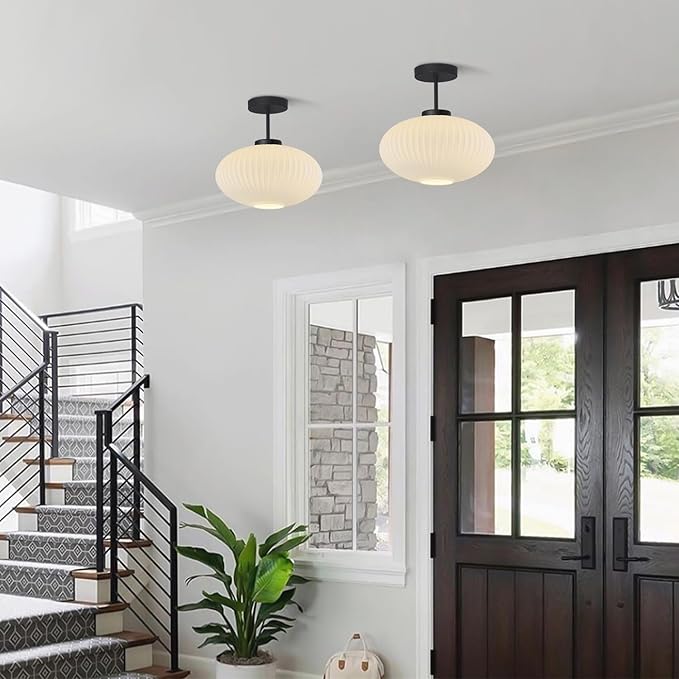 KCO Lighting Milk Glass Flush Mount Ceiling Light White Ribbed Glass Ceiling Light Fixture Large Globe Black Semi Flush Bathroom Overhead Light Fixtures