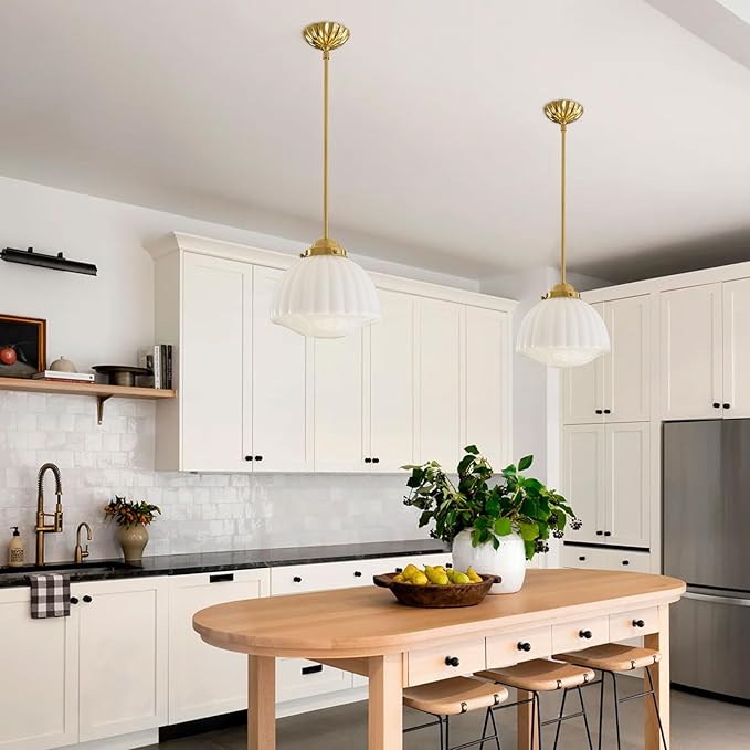 Milk Glass Pendant Light, 11" Brass Semi Flush Mount Pendant Light, Antique White Pleated Glass Chandelier, for Kitchen Island Lighting, Hallway, Bedroom, Dining Room, Foyer, E26 Bulb Included