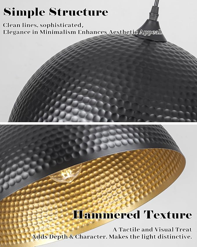 16 inch Black and Gold Pendant Light 3 Packs, Hammered Industrial Large Pendant Lights Kitchen Island, Oversive Black Dome Pendant Light for Kitchen Island, Dining Room, Bar
