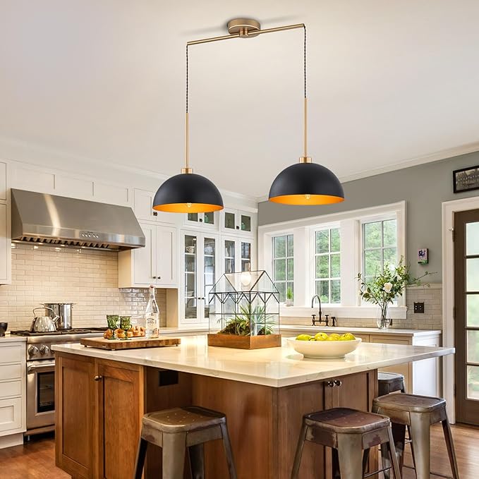 Farmhouse Pendant Lights Kitchen Island, 2 Light Black and Gold Dome Pendant Light, Industrial Modern Kitchen Island Lighting for Dining Room, Restaurant, Cafe, Bar