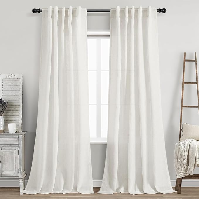 Nanspring Beige White Linen Curtains 90 Inches Long for Living Room Privacy Semi Sheer Light Filtering Curtains Back Tab and Rod Pocket Coastal Decor Curtain for Bedroom 40 X 90, 2 Panels