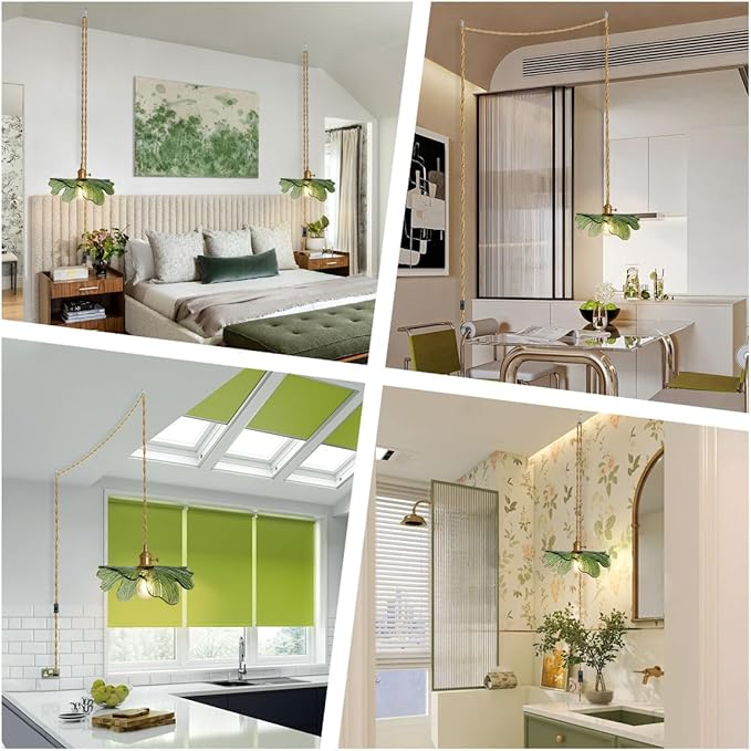 15.7" Large Green Glass Plug in Chandelier 1-Light Floral Ceiling Hanging Light Gold Adjustable Pendant Lighting for Living Room Dining Table, Flower Petal Pendant Fixtures