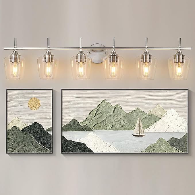 Bathroom Vanity Light Fixtures, Bathroom 6-Lights Over Mirror Modern Vanity Lighting with Clear Wine Glass Shade Wall Lamp for Bedroom Hallway Living Room (Nickel, 6-Light)