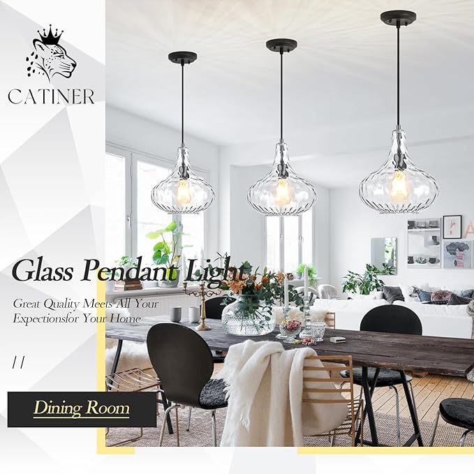 Glass Large Pendant Lights for Kitchen Island Blown Glass Pendant Light Clear Hammered Shade Hanging Ceiling Lights with Black Finish for for Kitchen Island, Sink, Hallway, Living Room 11 inch