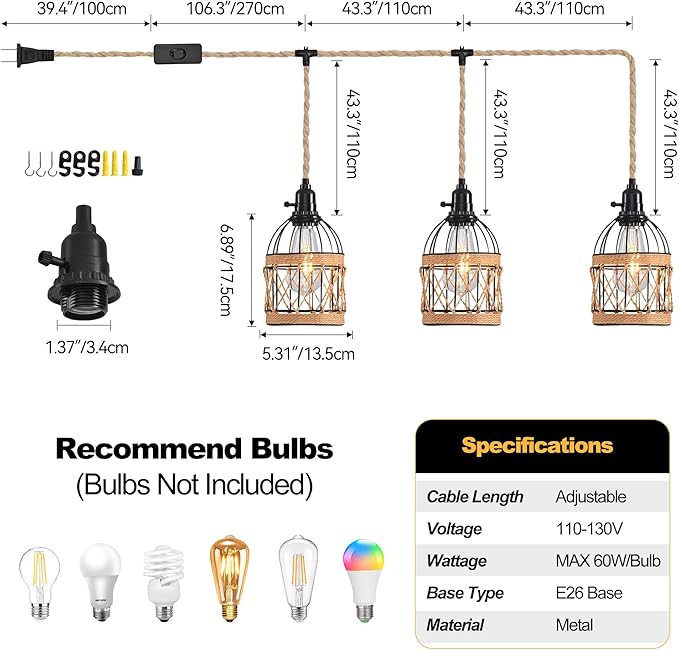 3 Light Hemp Rope Plug in Pendant Light Rattan Hanging Lights with Plug in Cord with Woven Lamp Shade, Plug in Cord Hemp Rope Hanging Lamp