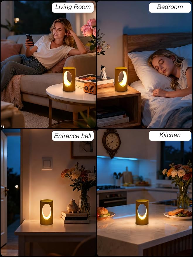 WLHONG LED Night Light, Wood Small Lamp 3000K Dimmable, Cylinder Bedside Lamps for Bedroom, Portable Desk Lights for Home Dorm Office Ambient Lighting, Unique Home Decor Housewarming Gift
