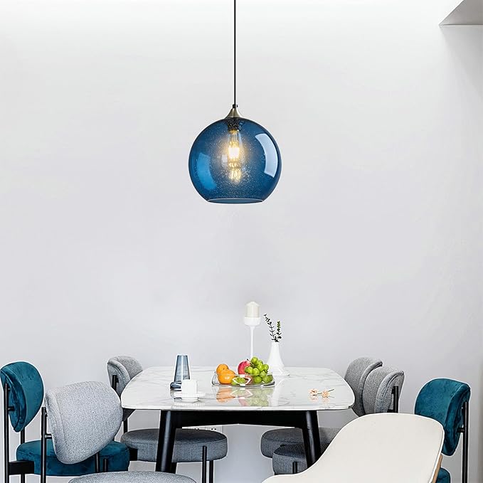 Mikeru Glass Globe Pendant Light Single, 9.85 Inch Clear Bubble Glass Hanging Lamp, Mid Century Modern Pendant Lighting for Kitchen Island Dining Room Bedroom (Bulb Not Included)