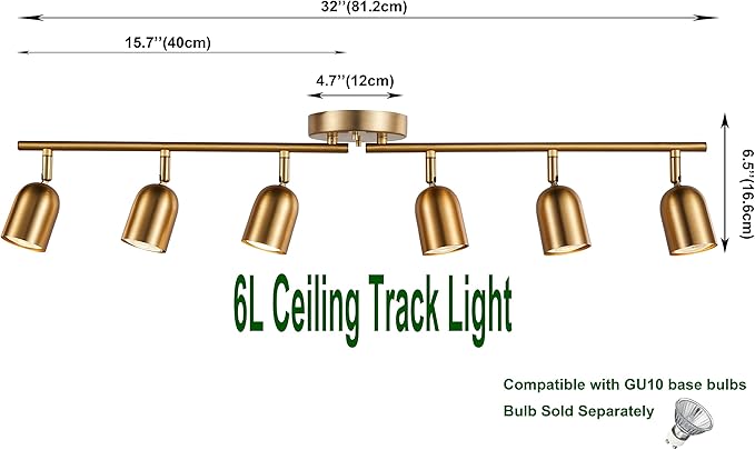 6 Light Track Lighting Kit, Matt Brass Finish Adjustable with Moden Flush Mount Ceiling Spotlight for Kitchen,Living Room,Home Improvement (6L)