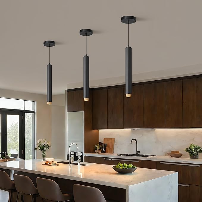 OKELI Modern Black LED Pendant Light for Kitchen Island, 3 Pack – Dimmable Zoomable Pendant, Adjustable Beam Angle, 3 Color Temps 2700K/4000K/6000K, Mini Hanging Light for Bar or Bedroom, 7W 15"
