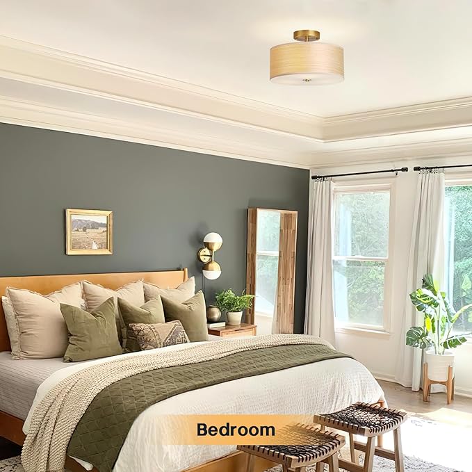 Gold Drum Ceiling Light Fixture, 13" Semi Flush Mount with Natural Wood Shade, Modern Farmhouse Close to Ceiling Lamp for Bedroom, Dining Room, Kitchen, Hallway, Entryway, Foyer
