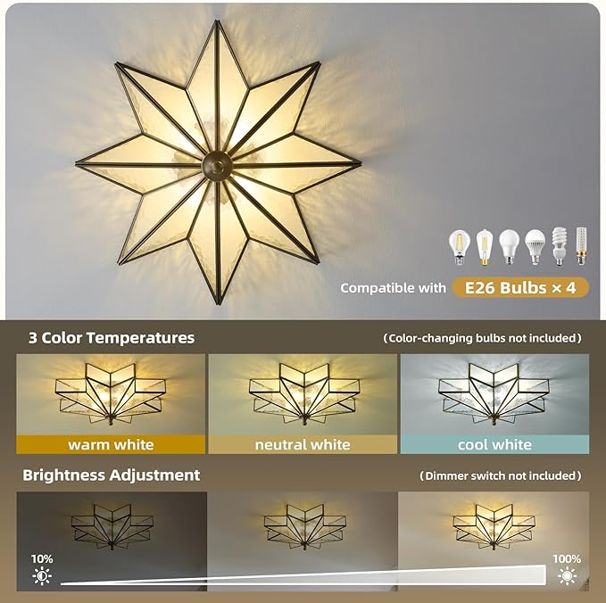 Star Vintage Bronze Ceiling Light - 19.7 in Large Hammered Glass Antique Flush Mount Fixture - Mid Century Black Art Deco Lighting for Kitchen Hallway Bedroom Bathroom Laundry Entryway Farmhouse Hall