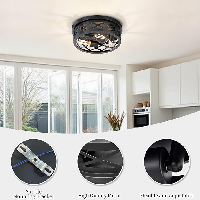 LVWIT 11.8 Inch Flush Mount Ceiling Light Fixtures, 3-Light Black Hallway Light, Round Light Fixtures Ceiling Mount for Kitchen Entryway Hall (E26 Base, Bulbs Not Included)