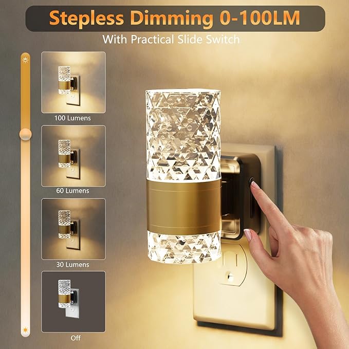 LED Night Lights Plug into Wall 2 Pack, Acrylic Nightlight with Dusk to Dawn Sensor, 0-100LM Stepless Dimmable, 3000K Soft Light, Wall Sconce Night Light Plug in for Bathroom Hallway Room