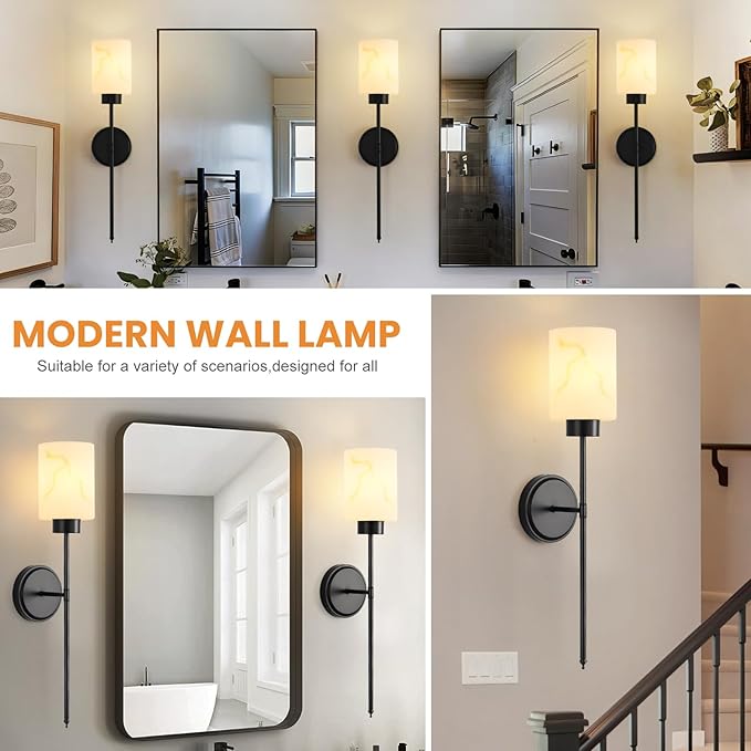 Black Wall Sconces Set of 2 with Marble Glass Shade, Modern Bathroom Vanity Light Fixtures for Bedroom, Hallway, Entryway, Living Room