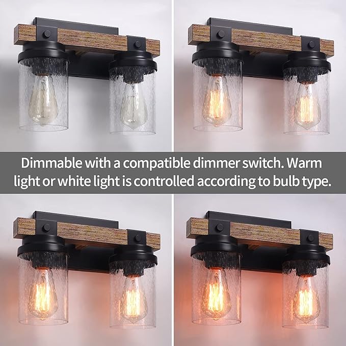 2-Light Farmhouse Vanity Lights for Bathroom, Rustic Bathroom Light Fixtures with Pretty Glass Shade, Rustic Vanity Light for Mirror, Black Wood Wall Sconces for Hallway Bedroom Living Room