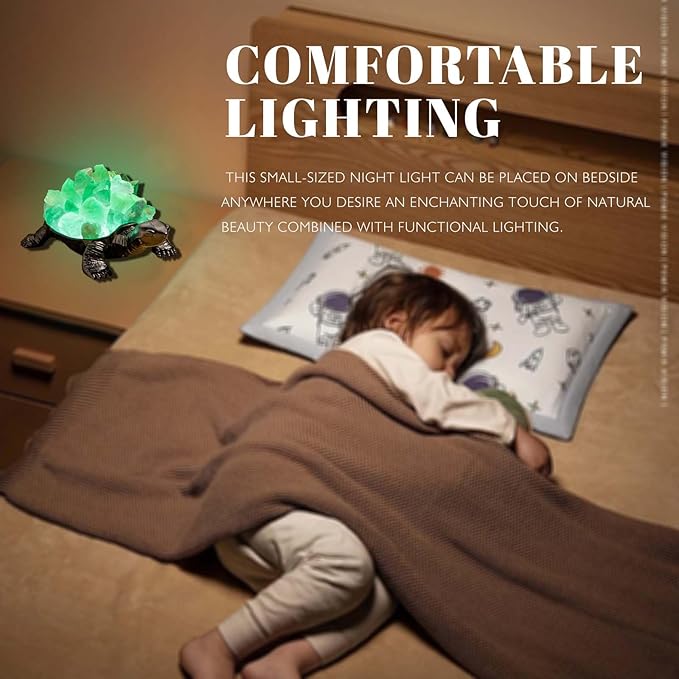 Runyangshi Natural Green Fluorite Turtle Night Lamp Healing Crystal Bedroom Bedside Table Lamp USB Port Home Decoration Women Men Decor Gift
